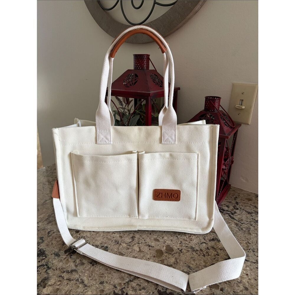 ZHMO Canvas Tote Bag in Cream with Brown Accents